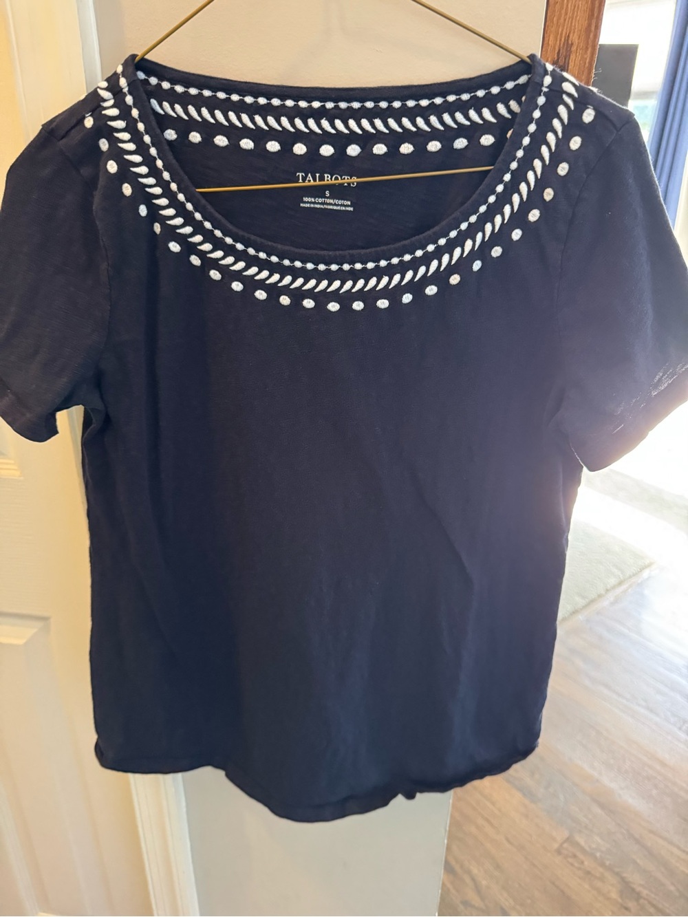 Talbots Navy Short-Sleeve Scoop Neck Top with White Embroidery